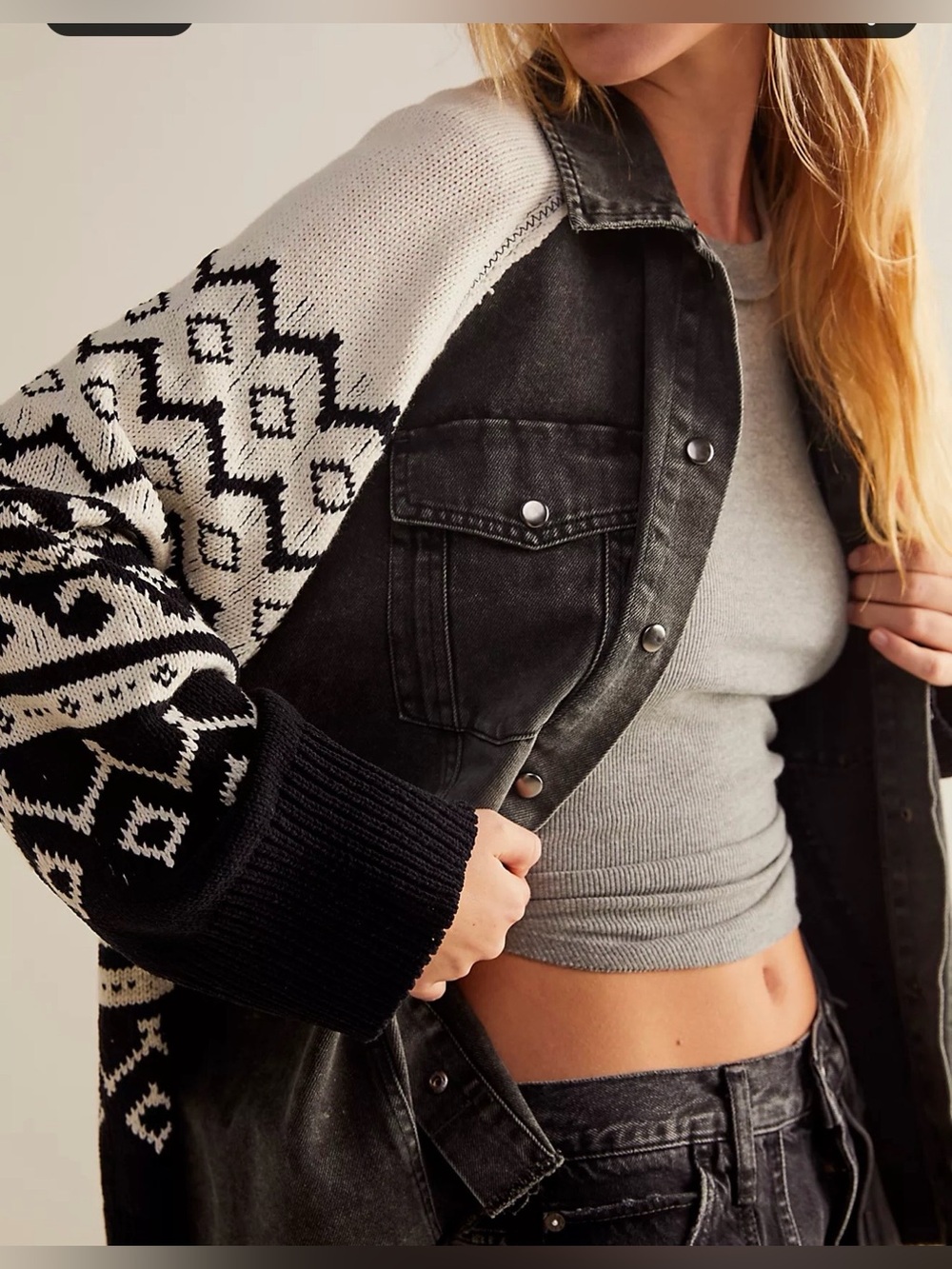 Free People Black & Cream Mixed-Media Knit-Sleeve Jean Jacket - Picture 3 of 13